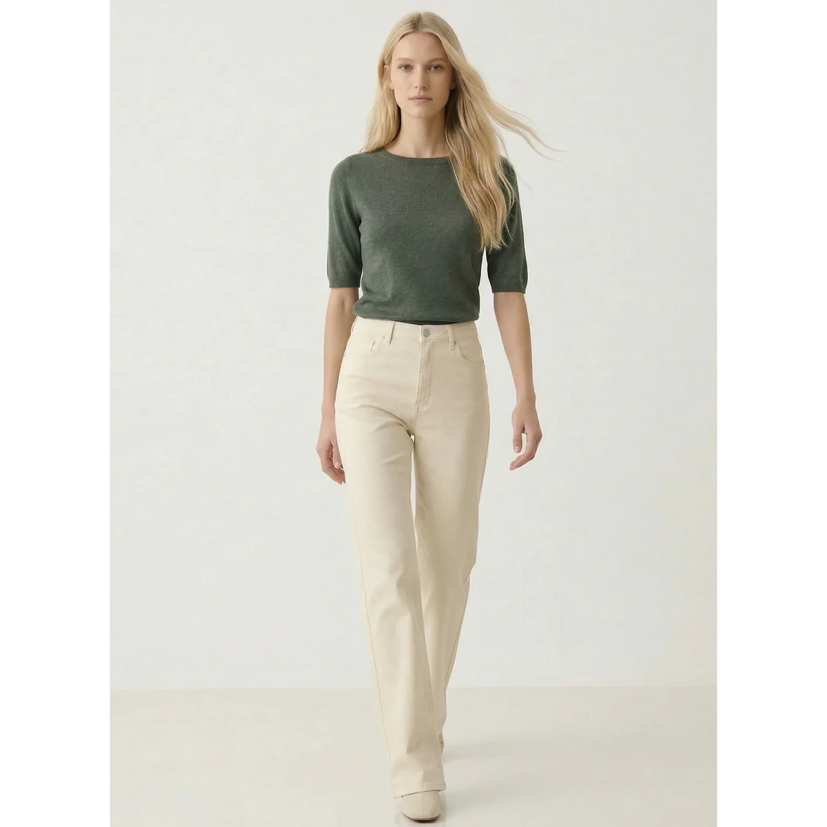 Women's stretch linen 3/4 sleeve boatneck top by Majestic Filatures in Bleu Calanques, featuring a semi-relaxed fit and boatneck design.