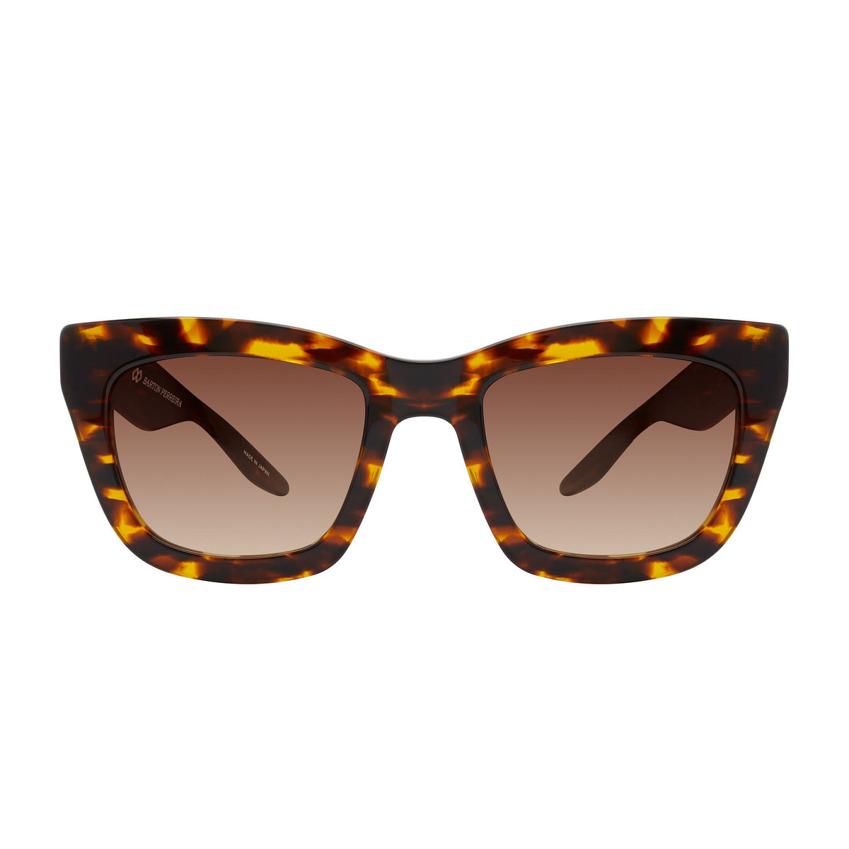 Kateri sunglasses by Barton Perreira with classic tortoise frames and smokey topaz lenses, shown from the front view.