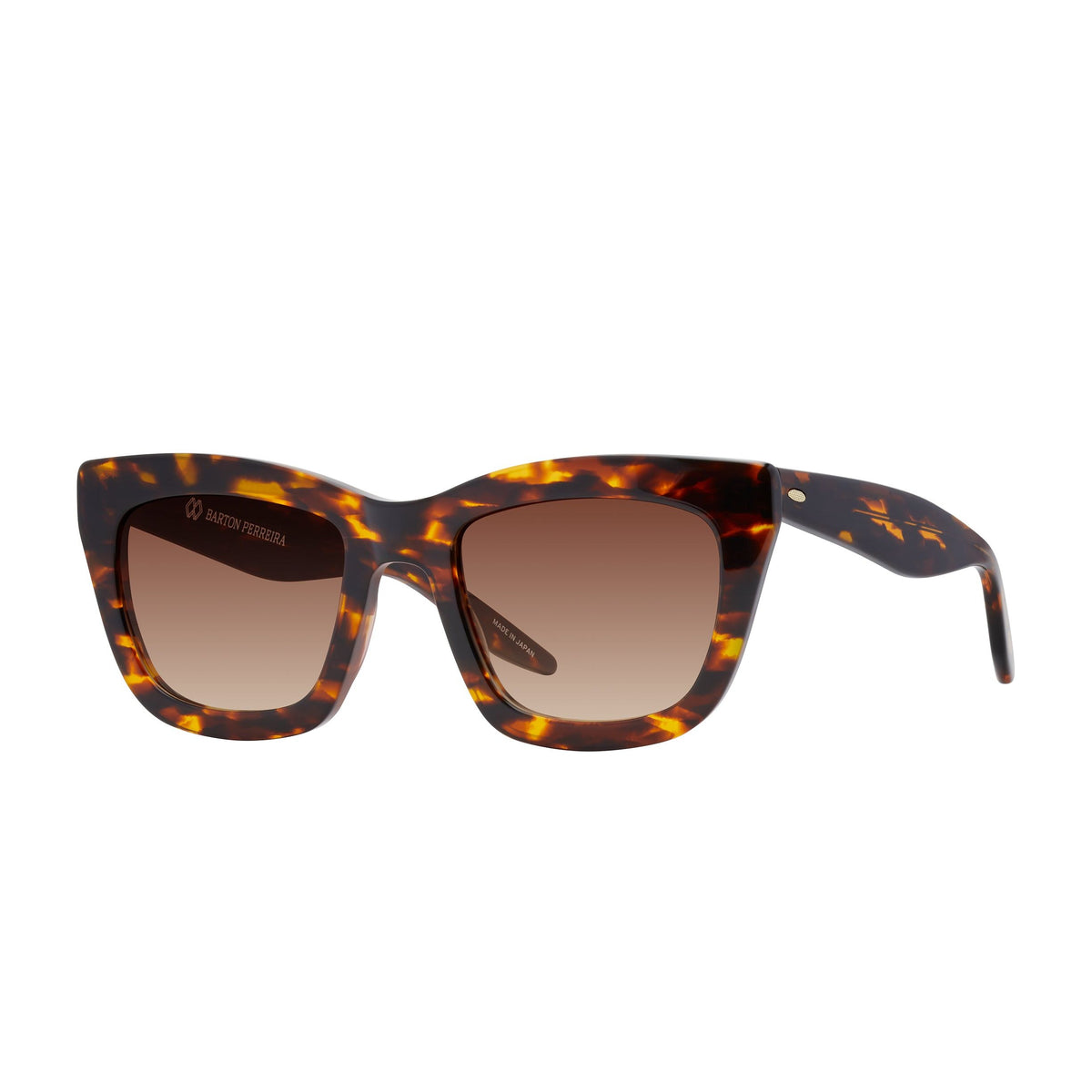 Side view of Barton Perreira Kateri sunglasses in classic tortoise with smokey topaz lenses, showcasing stylish accessory design.