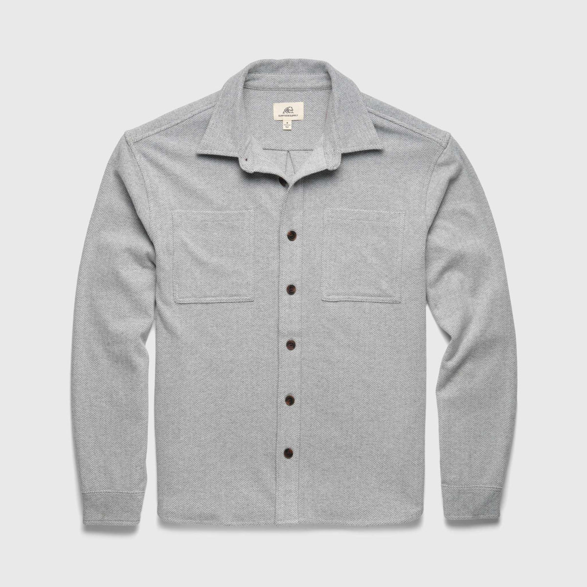 Men's Louis Soft Herringbone Overshirt in Sugar Swizzle by Surfside Supply, shown in a close-up of the fabric and collar details.