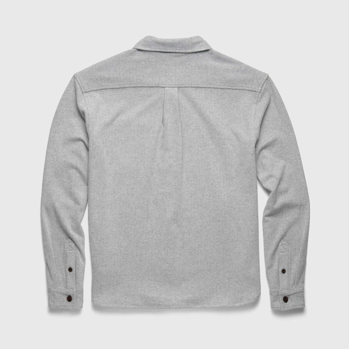 Men's Louis Soft Herringbone Overshirt in Sugar Swizzle by Surfside Supply, shown in a close-up image of the fabric and shirt collar.