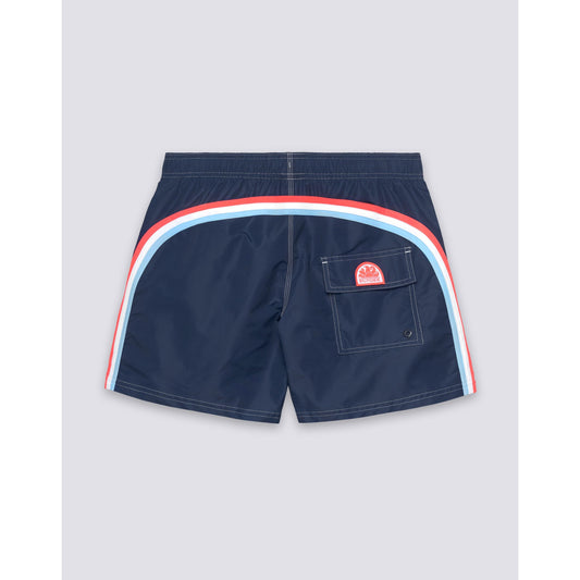 Men's navy Sundek Iconic Taffeta elastic waist boardshorts with a relaxed fit and quick-drying fabric.
