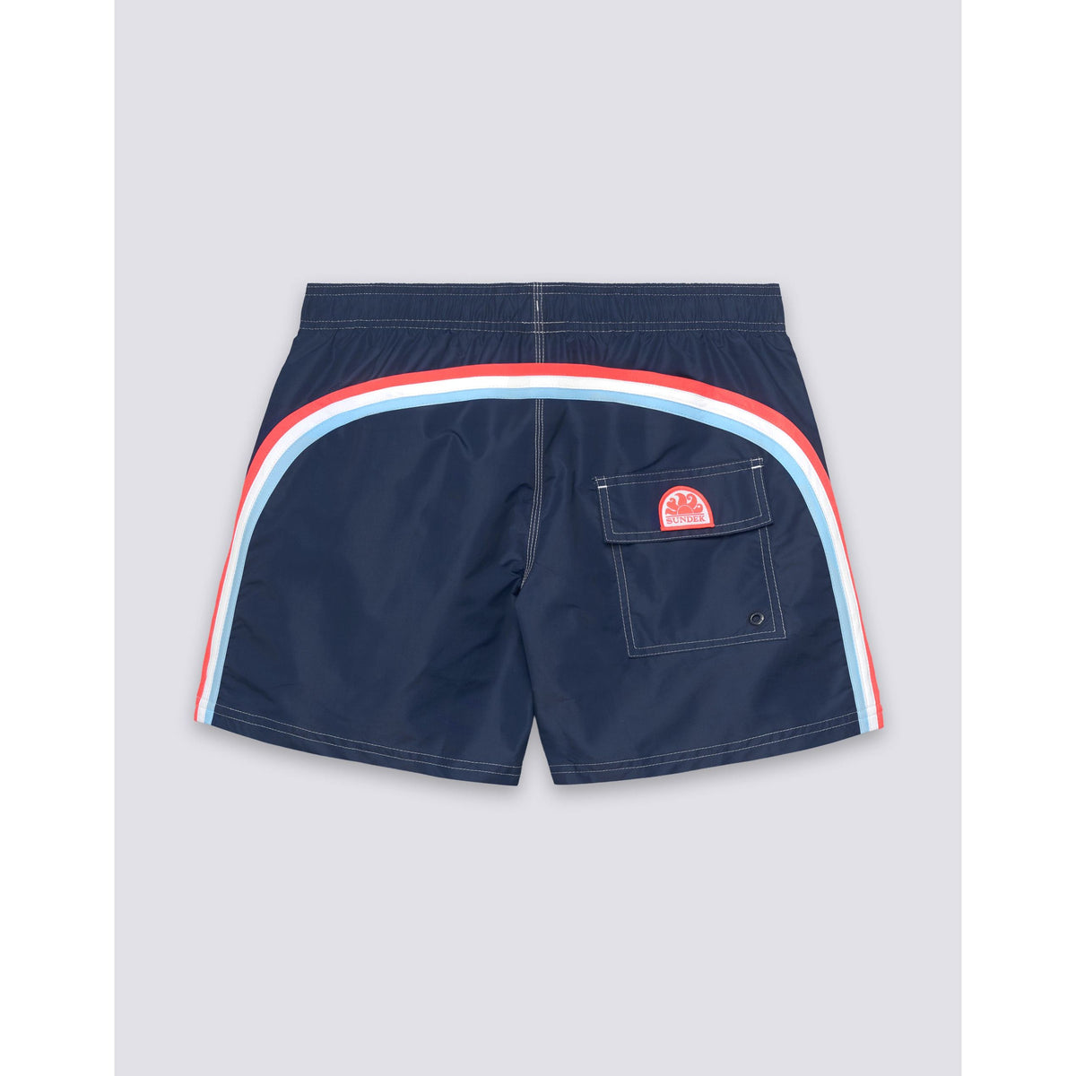 Men's navy Sundek Iconic Taffeta elastic waist boardshorts with a relaxed fit and quick-drying fabric.