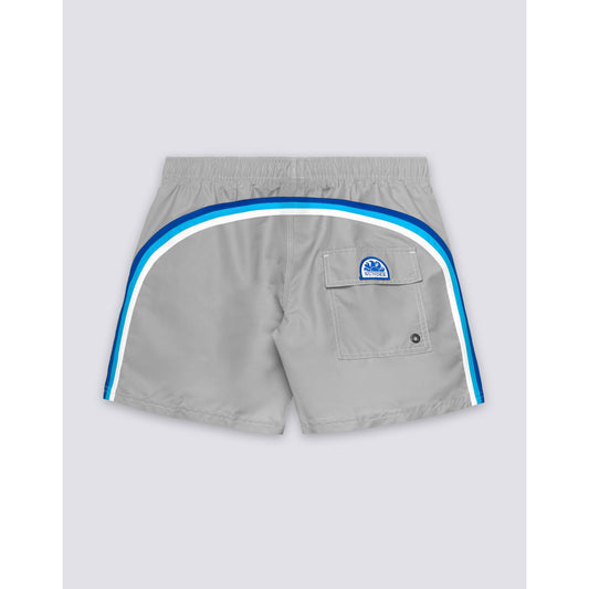 Men's silver Sundek Iconic Taffeta elastic waist boardshort with a relaxed fit and printed pattern, shown on a model.