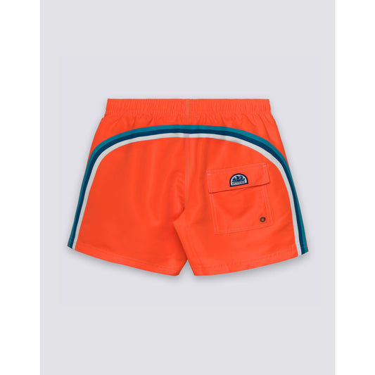 Men's Sundek Iconic Taffeta Elastic Waist Boardshort in bright Fluo Orange, showing the lightweight, quick-dry fabric and elastic waistband.