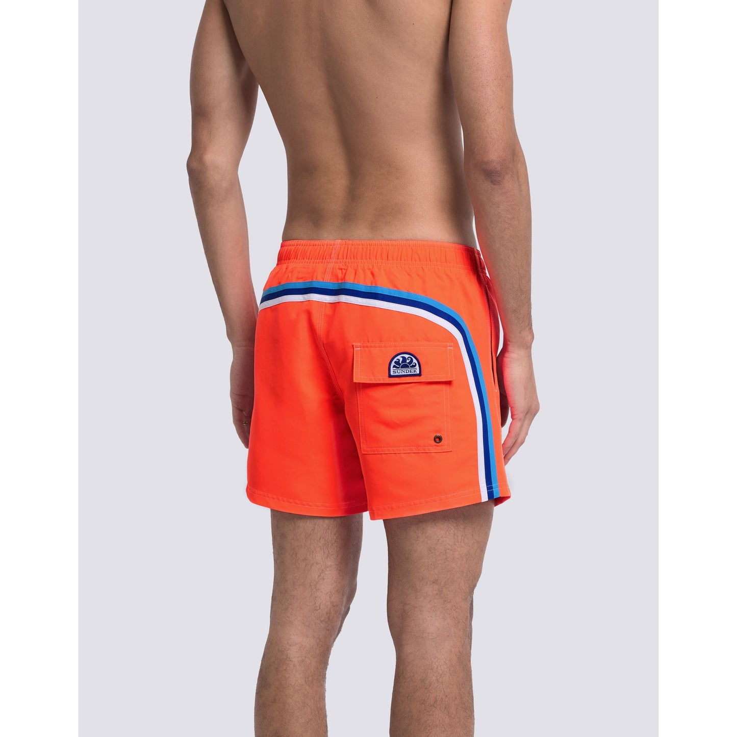 Men's Sundek Iconic Taffeta Elastic Waist Boardshort in bright Fluo Orange, featuring a comfortable fit and stylish design.