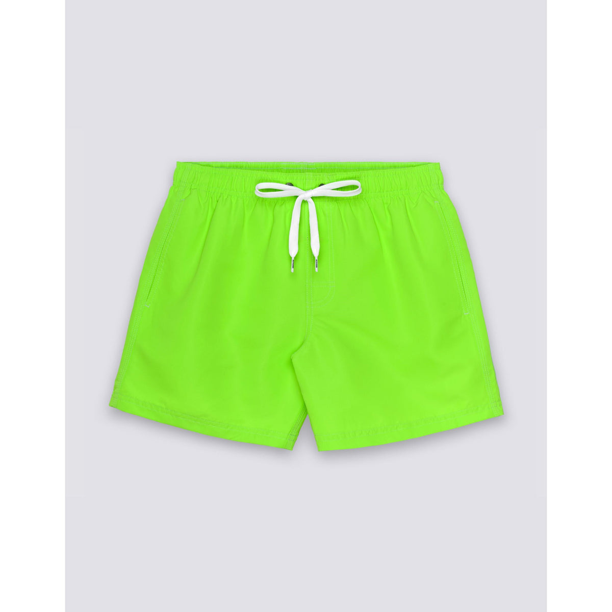 Men's Sundek Iconic Taffeta Elastic Waist Boardshort in Fluo Green, showing the vibrant green color and adjustable waist design.
