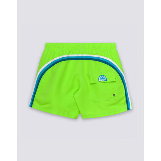 Men's Sundek Iconic Taffeta Elastic Waist Boardshort in vibrant Fluo Green, showing the lightweight, quick-drying fabric and elastic waistband.