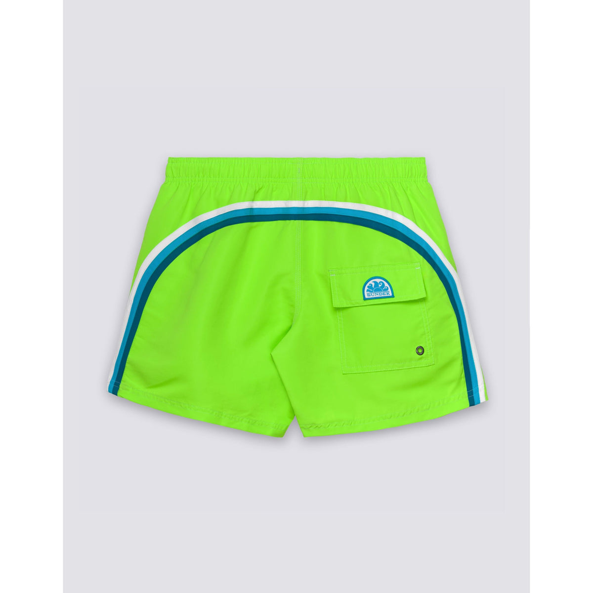 Men's Sundek Iconic Taffeta Elastic Waist Boardshort in vibrant Fluo Green, showing the lightweight, quick-drying fabric and elastic waistband.