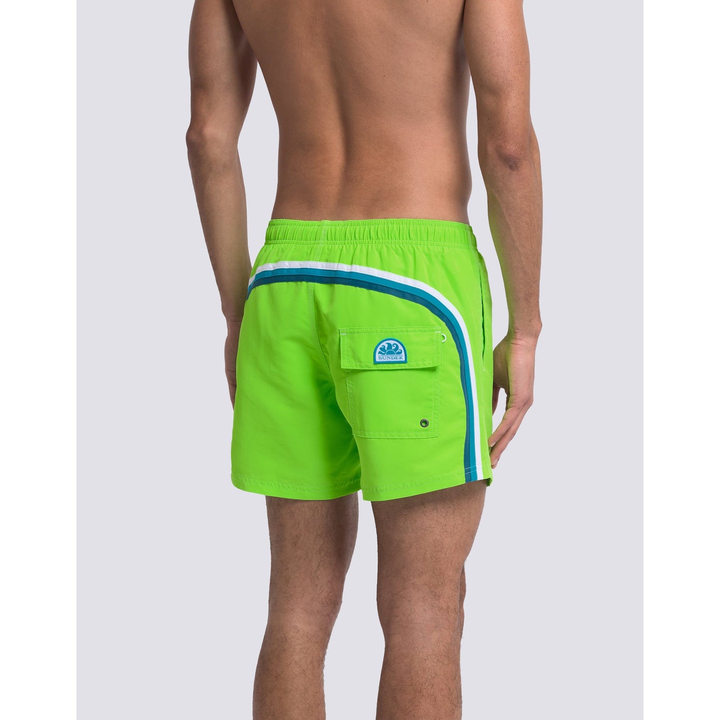 Men's Sundek Iconic Taffeta Elastic Waist Boardshort in Fluo Green, featuring a vibrant design and comfortable fit.