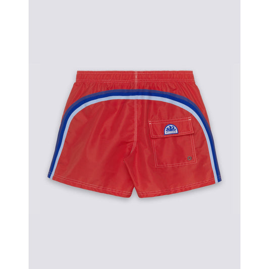 Men's Sundek Iconic Taffeta Elastic Waist Boardshort in Lolly Red, featuring a vibrant red color and sporty design.