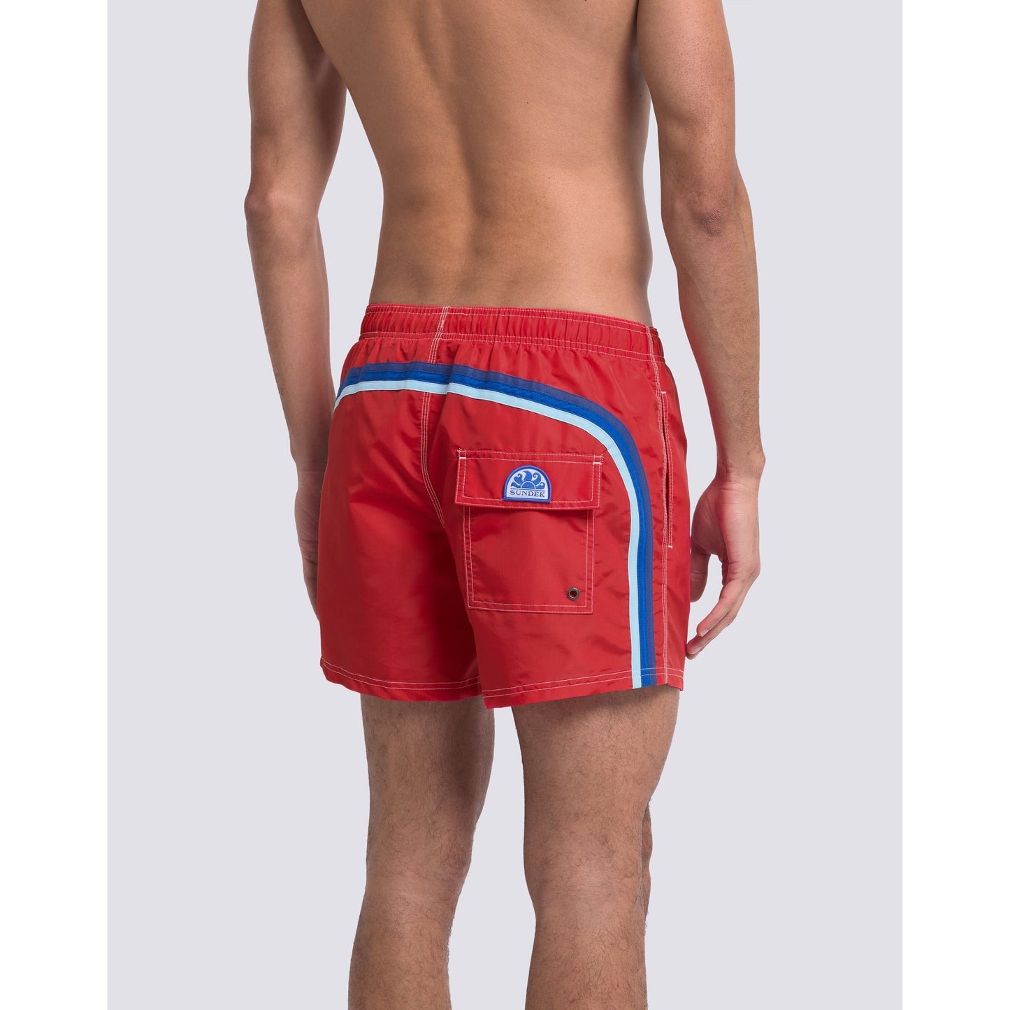 Men's Sundek Iconic Taffeta Elastic Waist Boardshort in Lolly Red showing the vibrant red fabric and elastic waistband design.