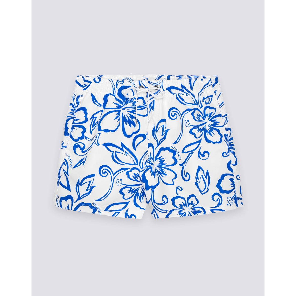 Men's Sundek Archive Hibiscus Print Elastic Waist Boardshort in vintage white, featuring colorful hibiscus floral design.