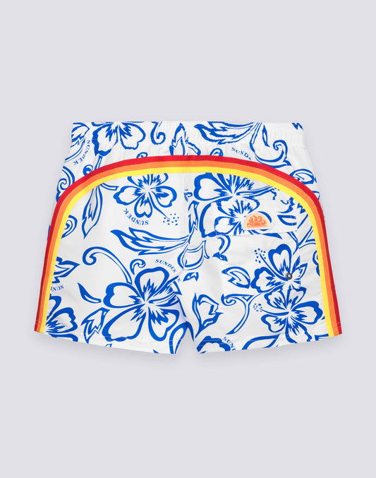 Sundek Archive Hibiscus Print Elastic Waist Boardshort - Vintage White Alice Blue