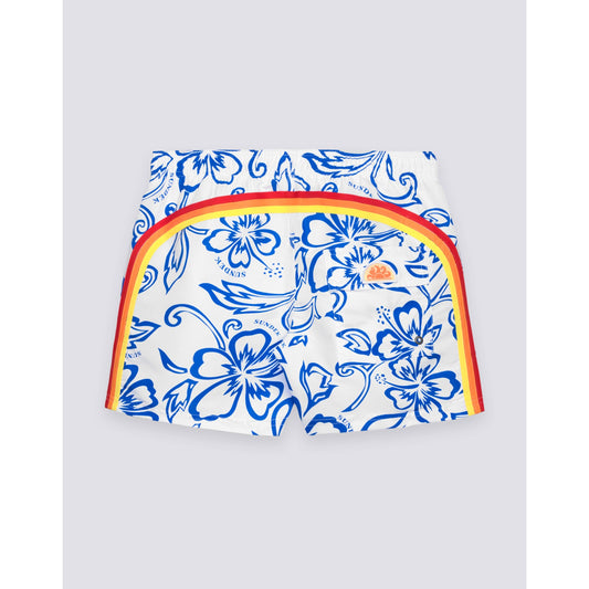 Men's Sundek Archive Hibiscus print elastic waist boardshort in vintage white with floral design and adjustable waistband.