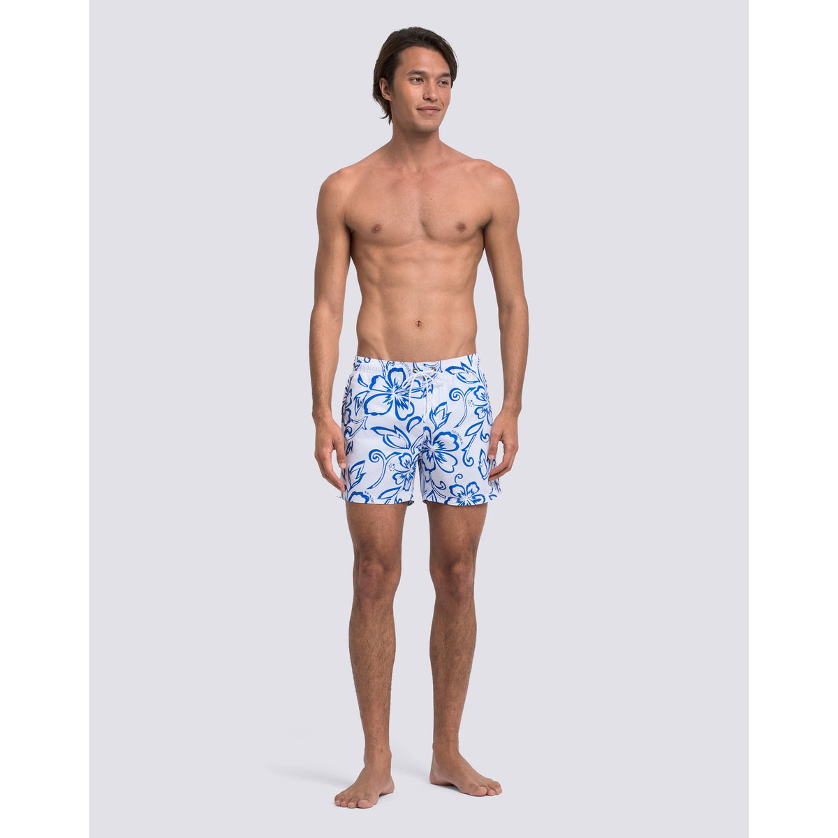 Men's Sundek Archive Hibiscus Print elastic waist boardshort in vintage white, featuring colorful hibiscus floral design.