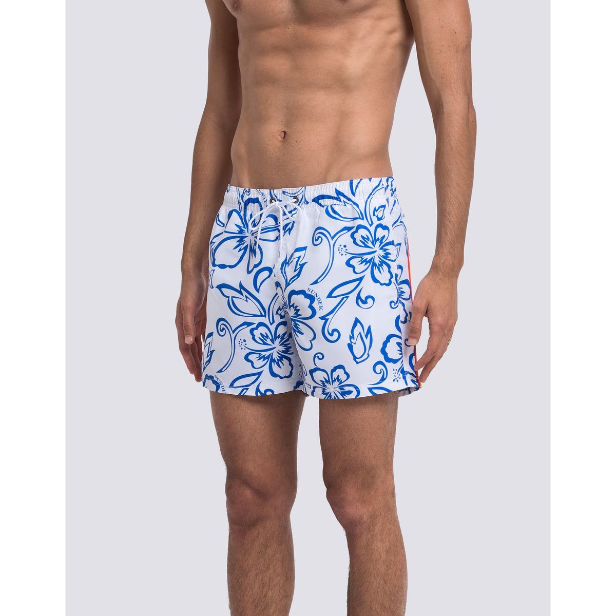 Men's Sundek Archive Hibiscus print elastic waist boardshort in vintage white with floral design and comfortable fit.