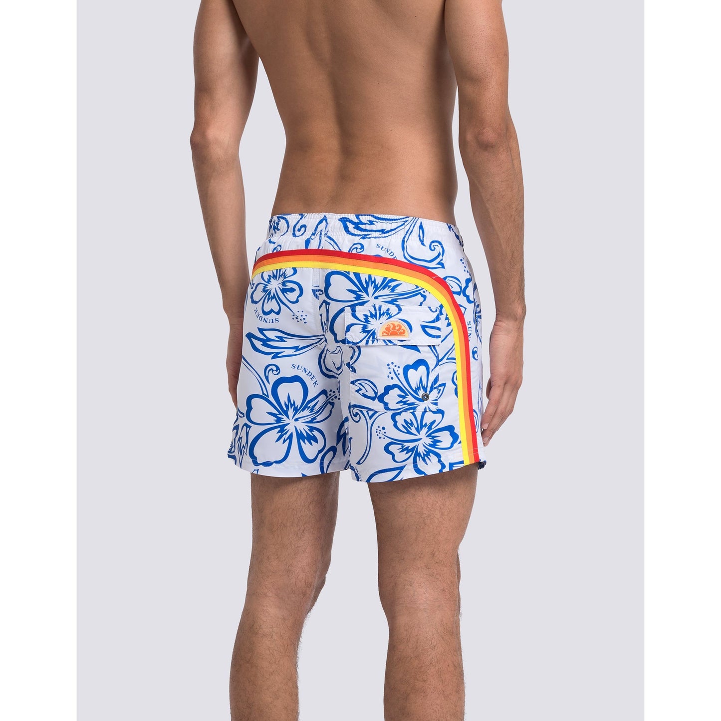 Men's vintage white Hibiscus print elastic waist boardshort by Sundek, showcasing the colorful tropical floral design.