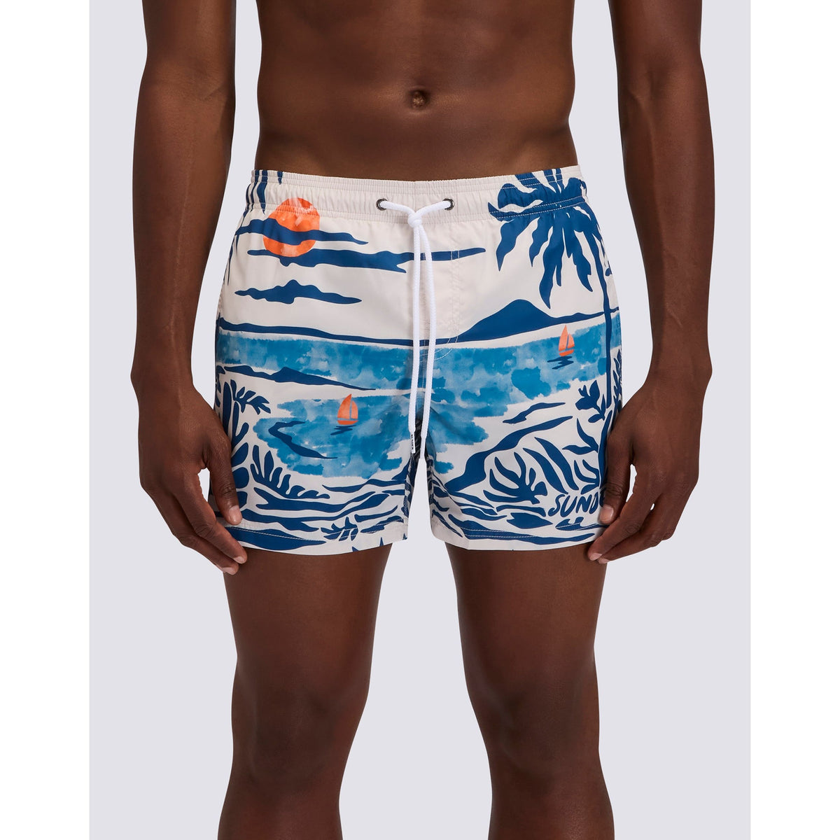 Men's Sundek nostalgic sea print elastic waist boardshort with multicolor recycled poly fabric, front view showing vibrant design.