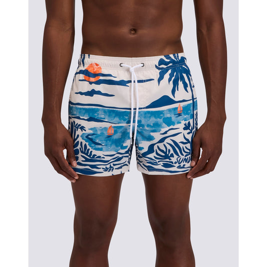 Men's Sundek nostalgic sea print elastic waist boardshort with multicolor recycled poly fabric, front view showing vibrant design.
