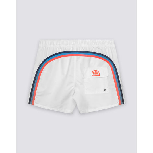 Men's white taffeta semi-elastic waist boardshort by Sundek, showing the front view with adjustable waistband and sporty design.
