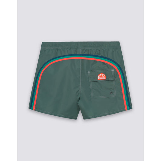 Men's camo green taffeta semi-elastic waist boardshort by Sundek, featuring a stylish camo pattern and adjustable waist.