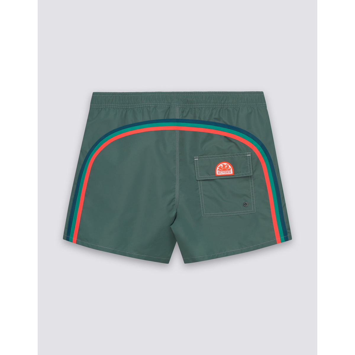 Men's camo green taffeta semi-elastic waist boardshort by Sundek, featuring a stylish camo pattern and adjustable waist.