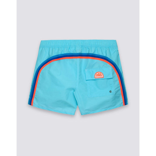 Men's Sundek Taffeta semi-elastic waist boardshort in lunar color, showing the front view with adjustable waistband and colorful pattern.
