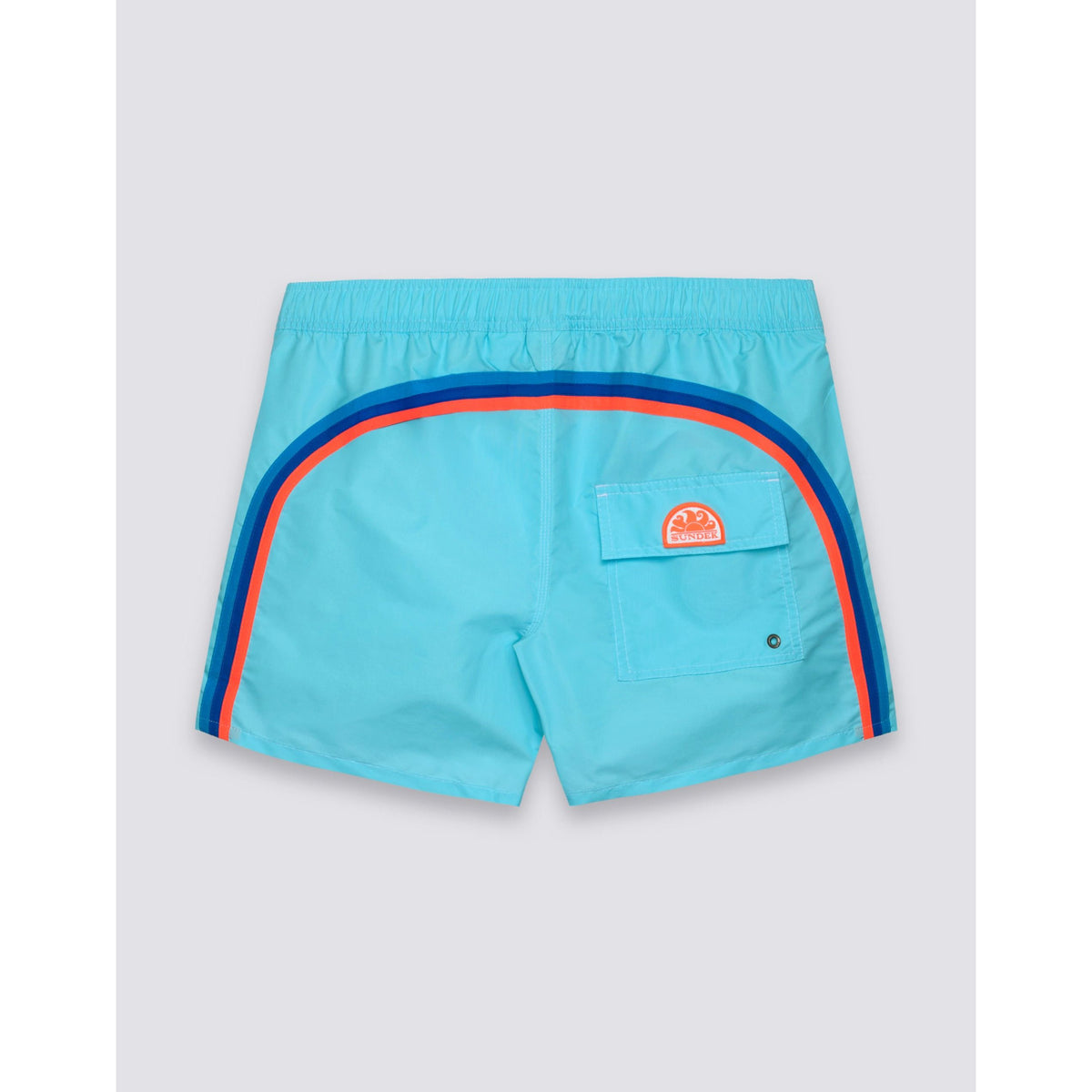 Men's Sundek Taffeta semi-elastic waist boardshort in lunar color, showing the front view with adjustable waistband and colorful pattern.