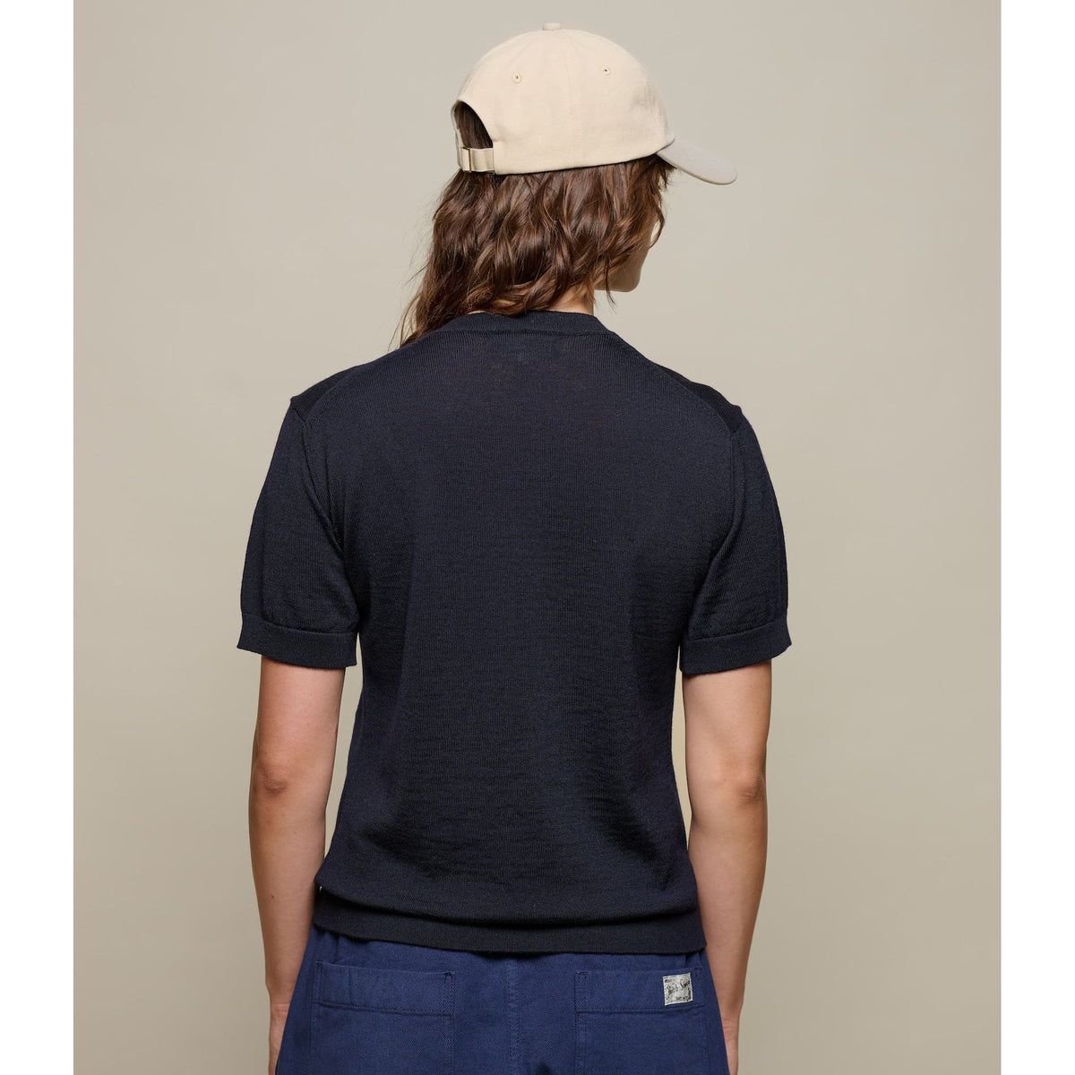 Dark navy women's Merino wool short sleeve T-shirt by Merz B. Schwanen, shown from the back.