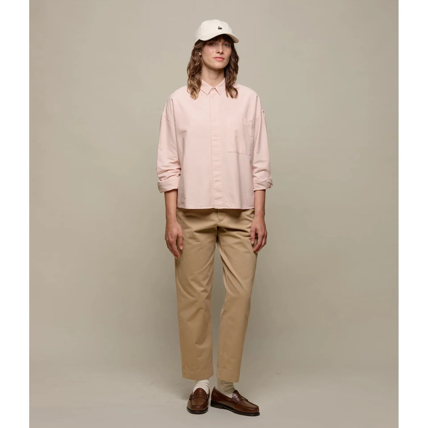 Cropped Boxy Style Cotton Oxford Long Sleeve Shirt - Shell - DUNE + SALT