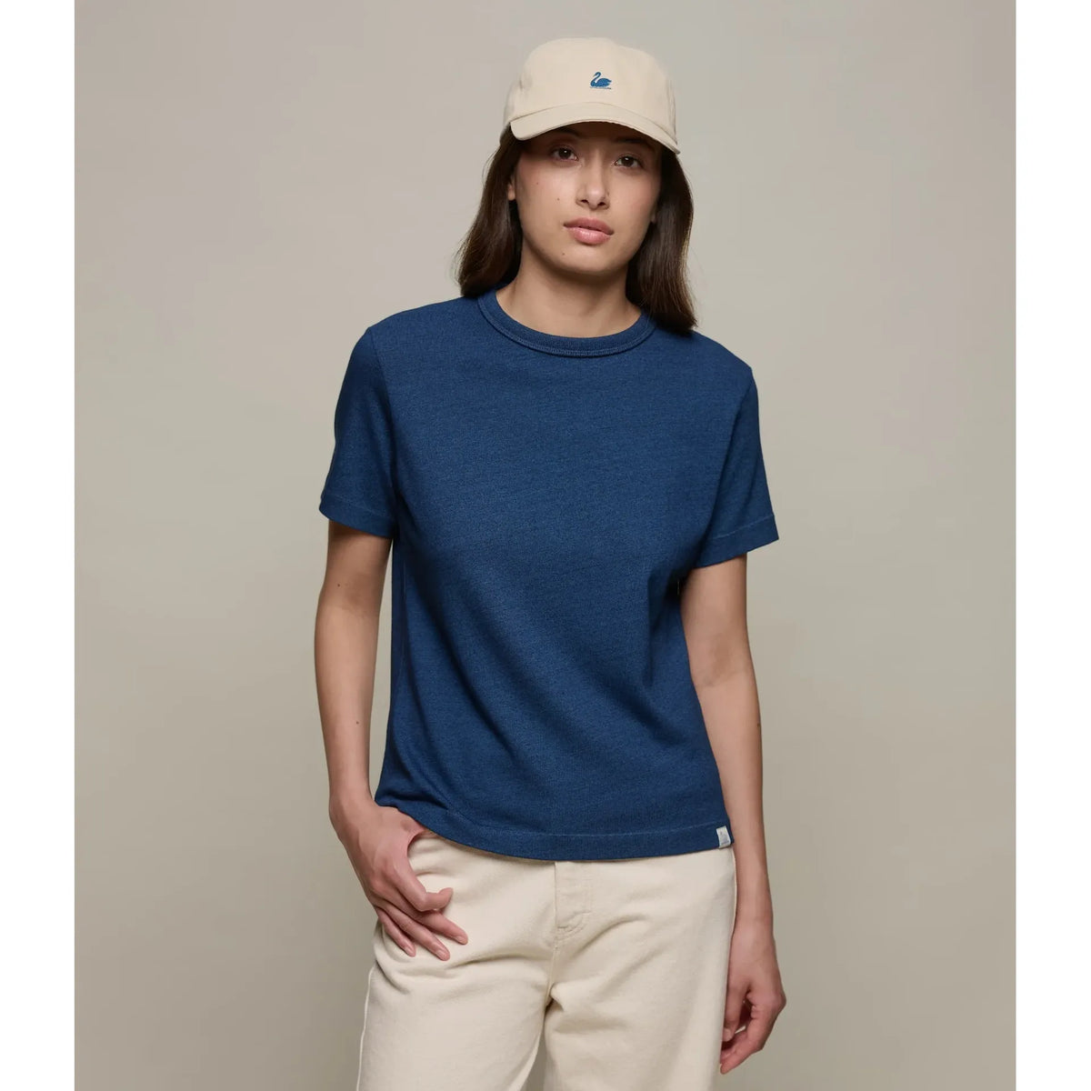Women's indigo jersey cotton T-shirt by Merz b. Schwanen, showcasing soft fabric and a relaxed fit.