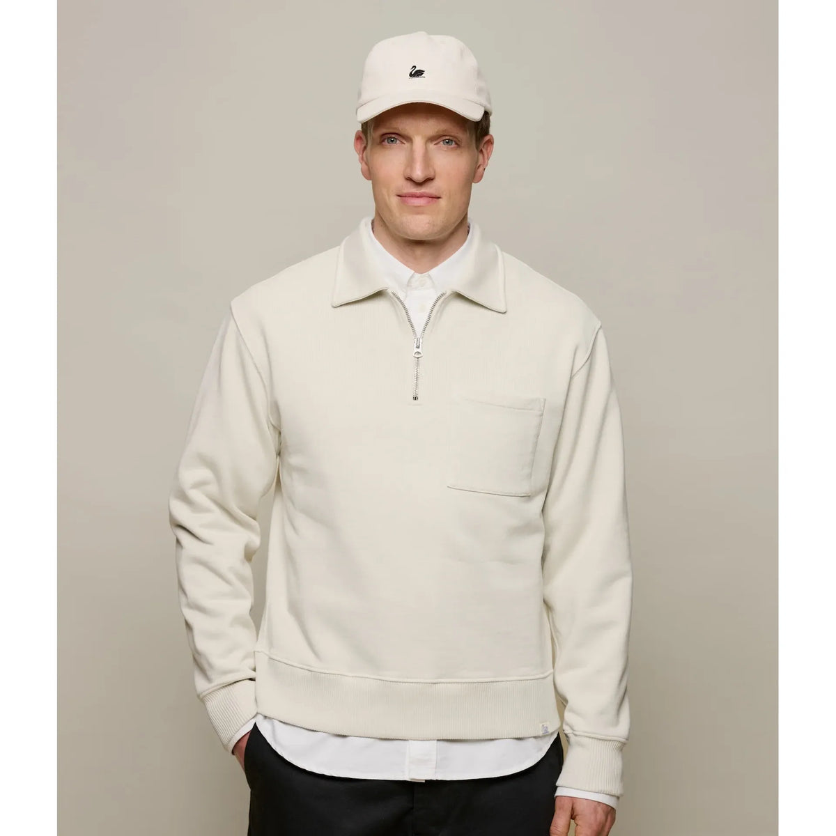 Men's Merz b. Schwanen fleece polo collar half-zip cotton sweatshirt in natural color, shown with the zipper partially open.