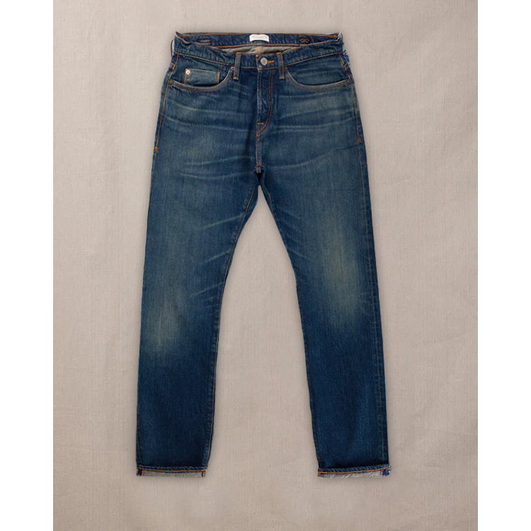 Men's Harlan Straight Archive Selvedge 12oz jeans in mechanic wash from Ace Rivington, showing the fit and faded denim details.