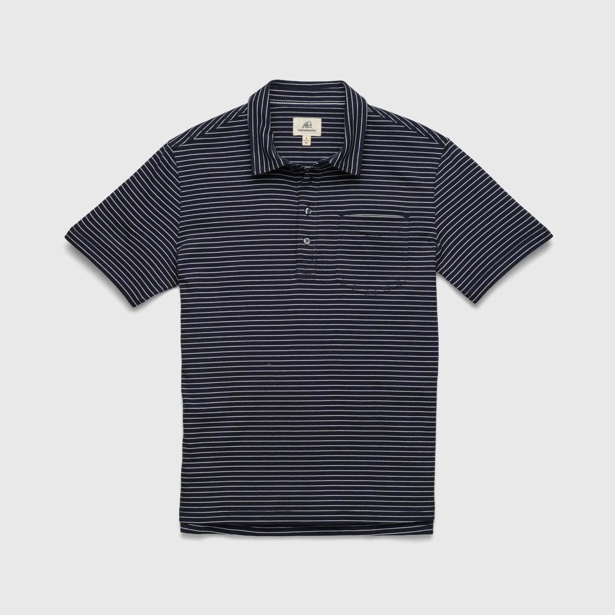 Men's navy and white striped polo shirt by Surfside Supply featuring a four-button placket and chest pocket.