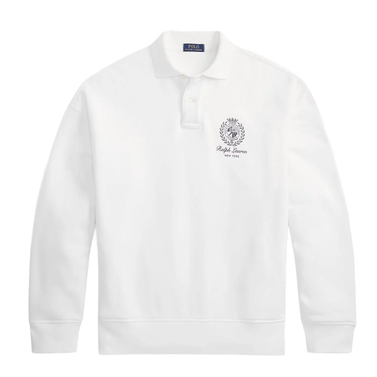 Men's Polo Ralph Lauren Island Fleece Graphic Print Polo Sweatshirt in white, featuring relaxed fit and tropical-inspired design.