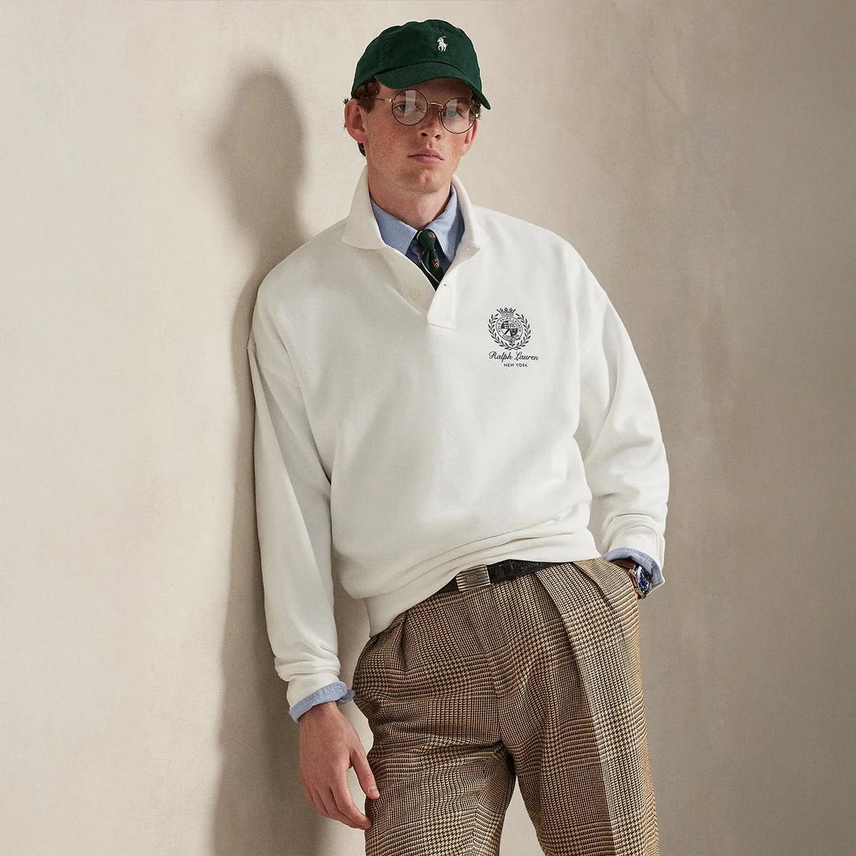 Men's Polo Ralph Lauren Island Fleece graphic print polo sweatshirt in white, relaxed fit with colorful island-themed design.