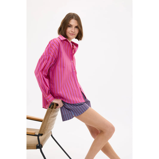 Women's Chiara long sleeve shirt by LMND in fuchsia, true red, and natural with a fitted design and soft fabric.