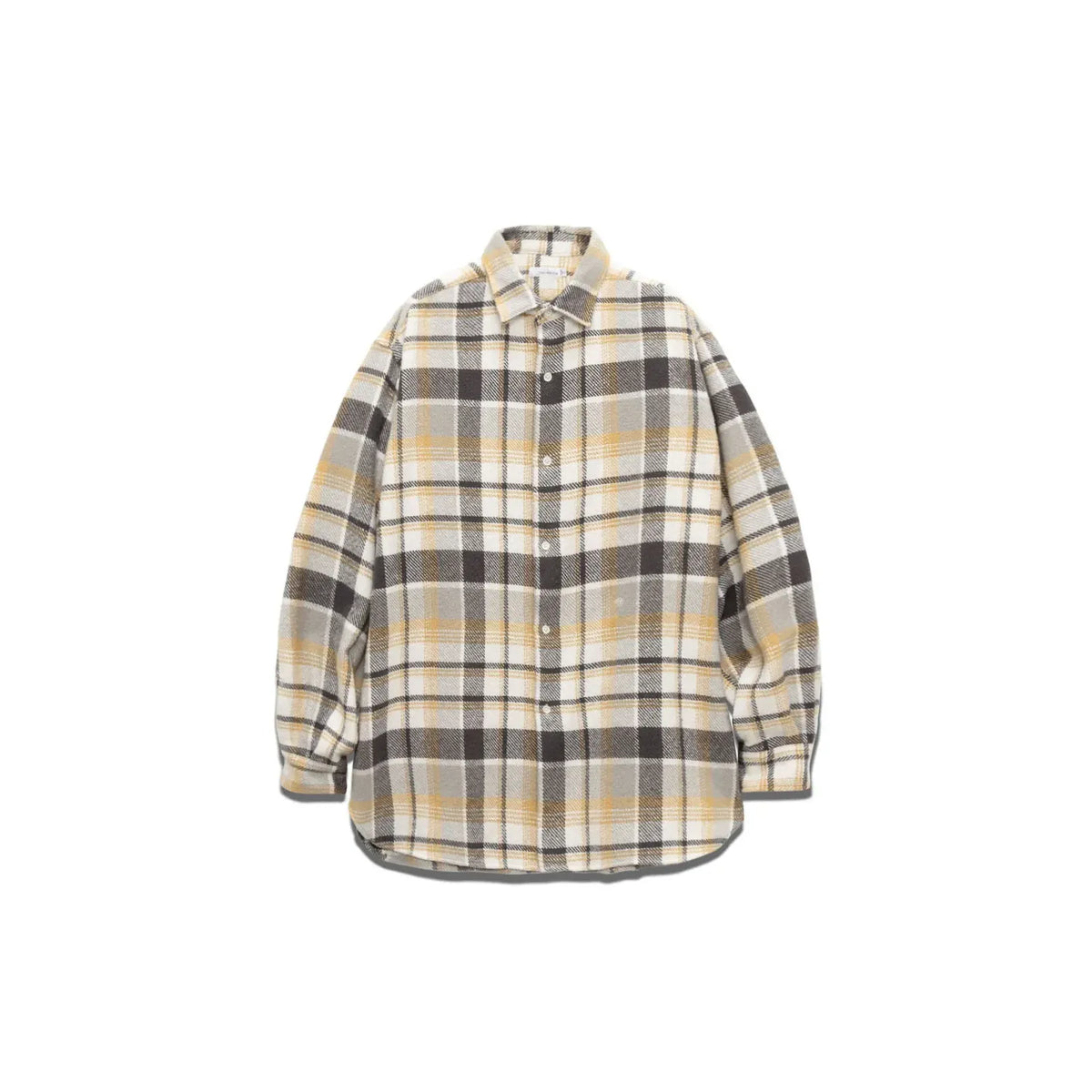 Men's heavy flannel shirt in beige and gray plaid by nanamica, featuring a classic button-up design and soft fabric.