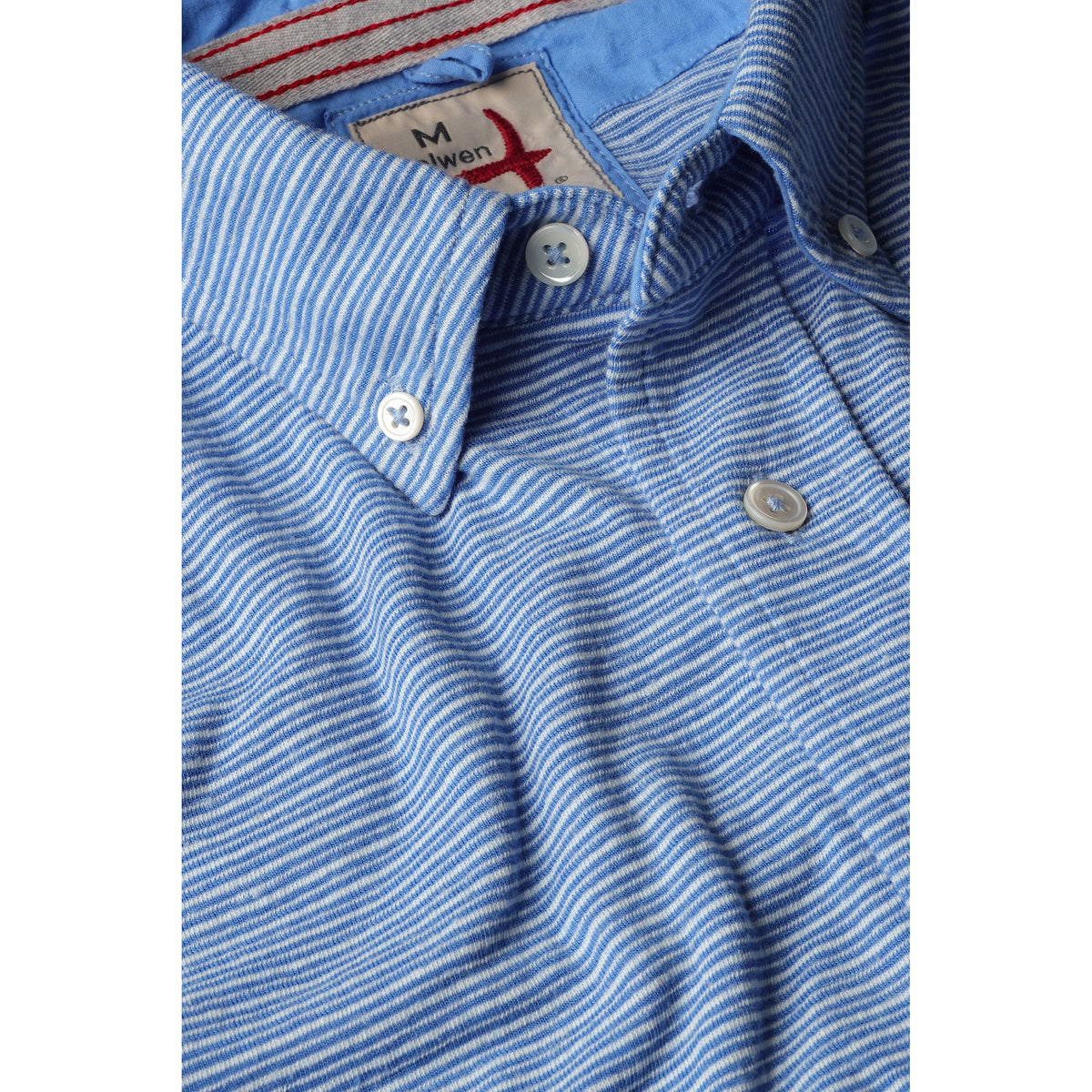 Men's hemp stripe button-down shirt in marine and white from Relwen, featuring a classic collar and button-front design.