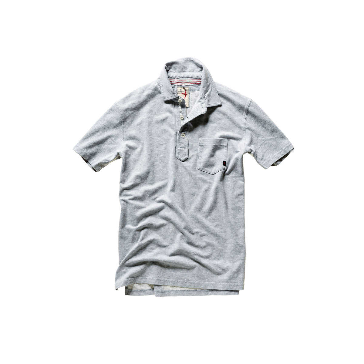 Men's grey heather Pique Slot Polo by Relwen, close-up of the collar and fabric texture in a casual men's polo shirt style.