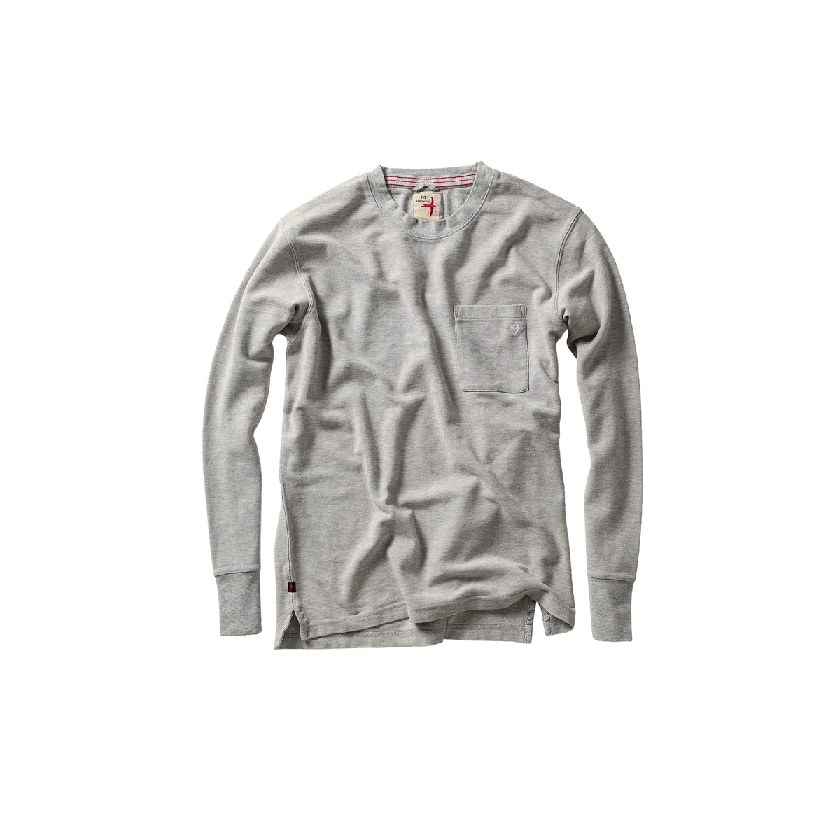 Men's light grey heather vintage pique crewneck shirt by Relwen showing close-up of textured knit fabric.