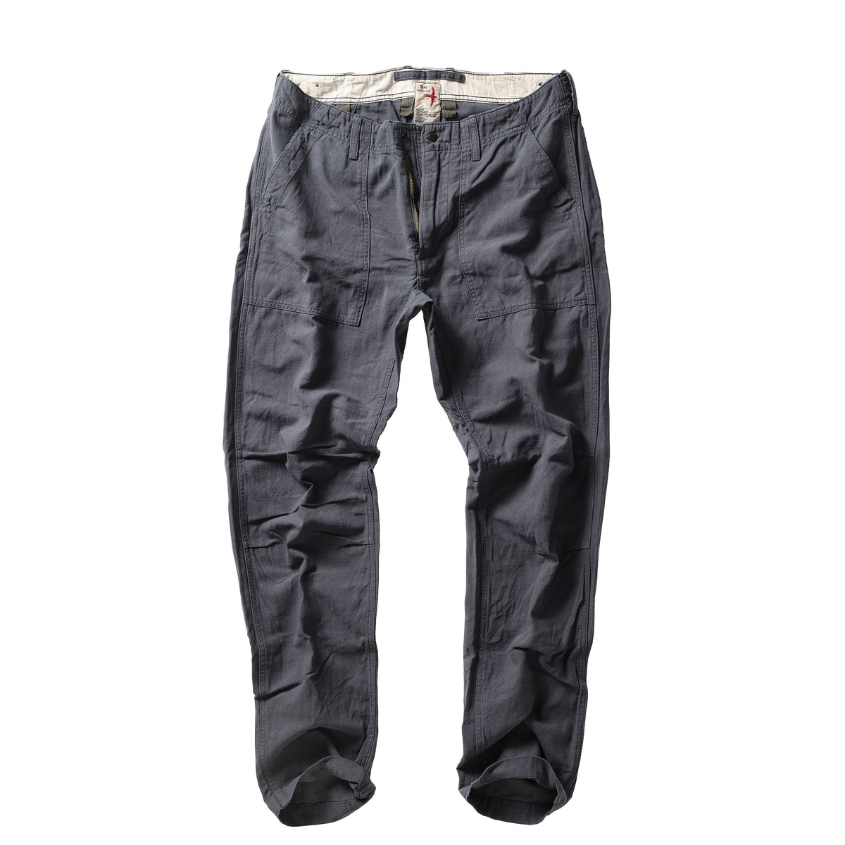 Men's cotton and linen supply pants in carbon color by Relwen, featuring a relaxed fit and classic design.