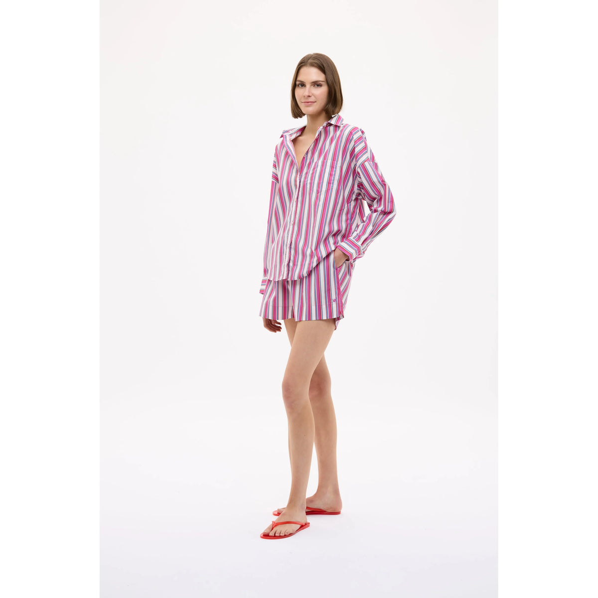Women's Chiara Long Sleeve Shirt by LMND in fuchsia multi-stripe, featuring long sleeves and vibrant color pattern.