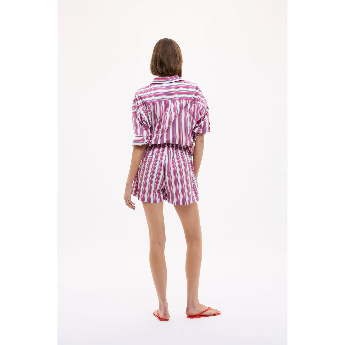 Women's Chiara long sleeve shirt by LMND in fuchsia multicolor stripe, featuring a fitted design and stylish pattern.