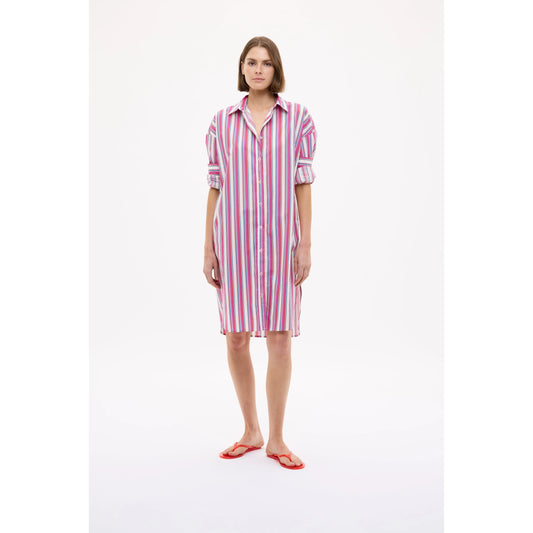 Women's Chiara Midi Dress by LMND in vibrant fuchsia multi-stripe pattern, featuring a stylish and flowy silhouette.