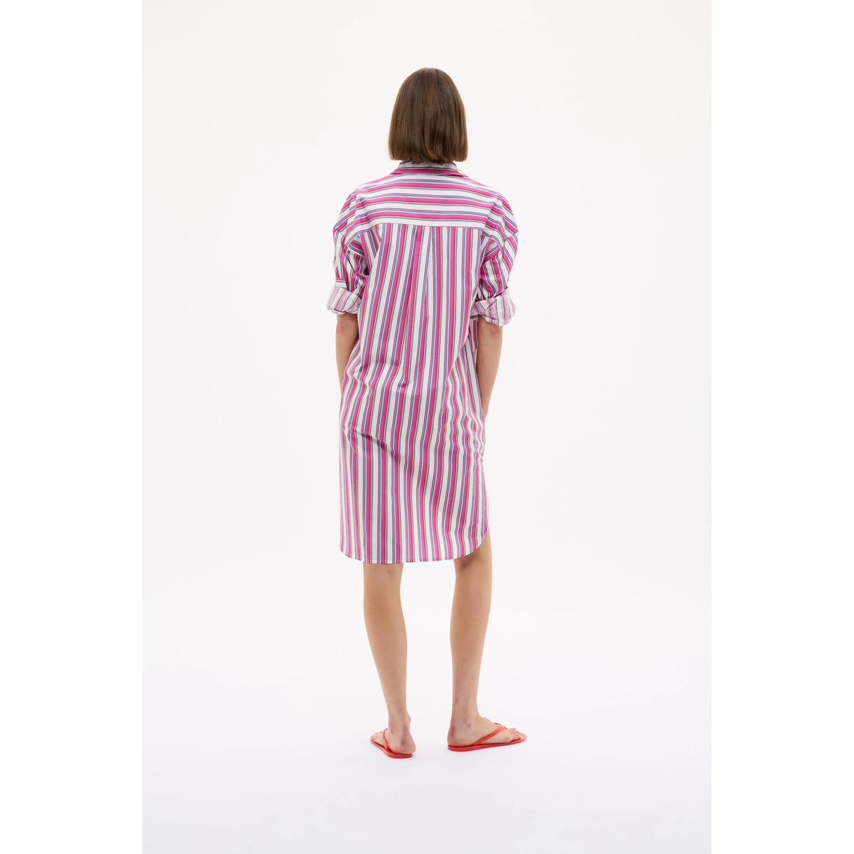 Women's Chiara Midi Dress by LMND in Fuchsia Multi Stripe, featuring a flowy silhouette and vibrant striped pattern.