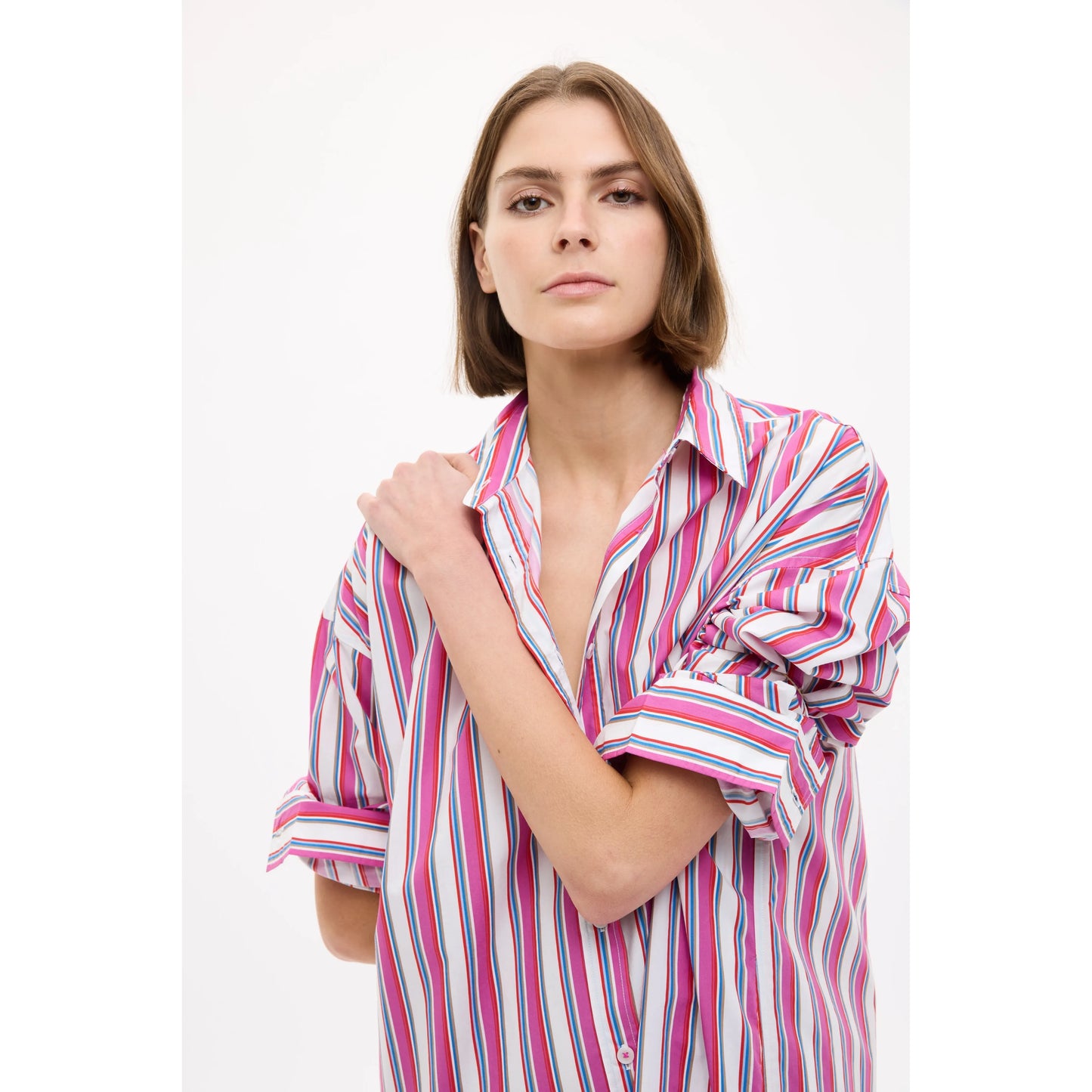 Women's Chiara Midi Dress by LMND in vibrant fuchsia multi-stripe fabric, featuring a stylish and comfortable fit.