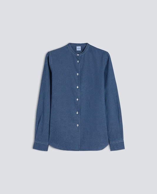 Mandarin Collar Japanese Cotton Chambray Shirt - Medium Denim - DUNE + SALT