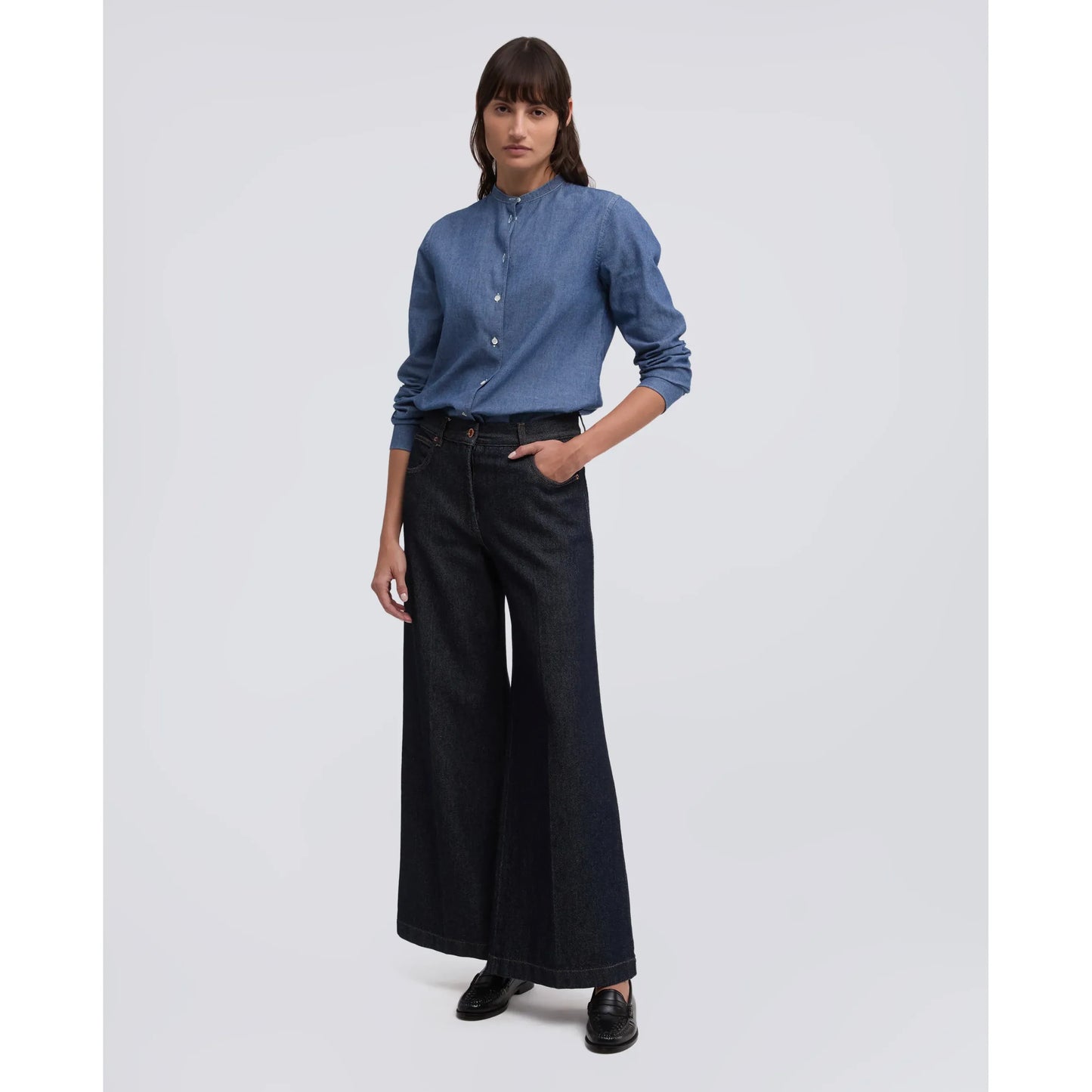 Mandarin Collar Japanese Cotton Chambray Shirt - Medium Denim - DUNE + SALT